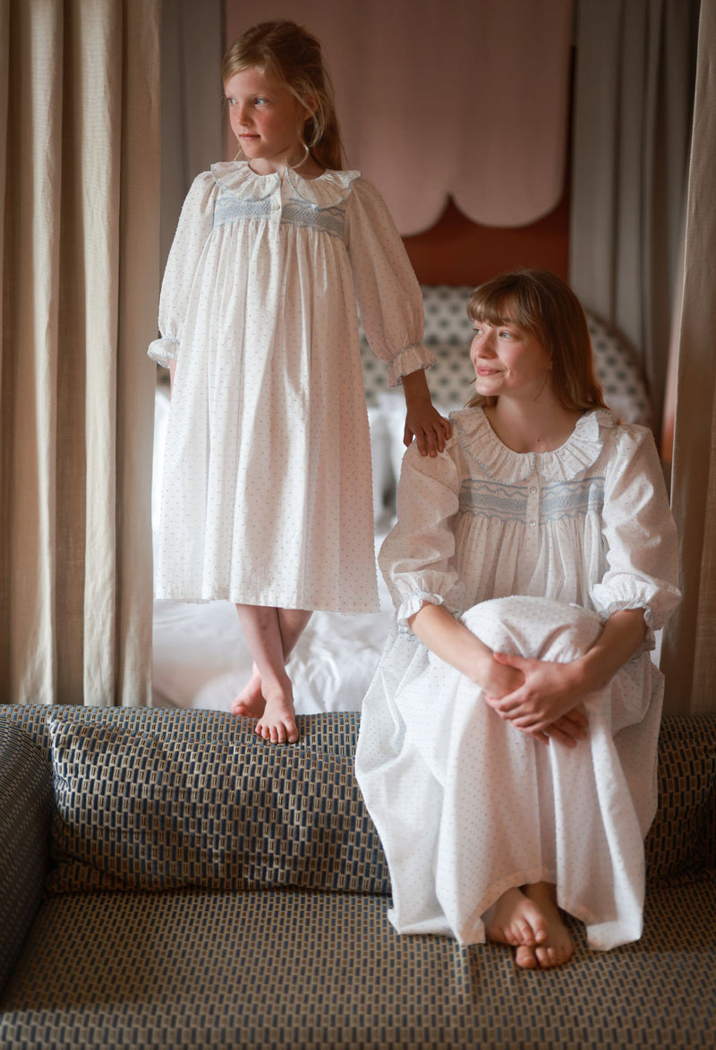 Nightingale Girl's Dress Forget Me Not Plumetti with Delphinium Hand Smocking