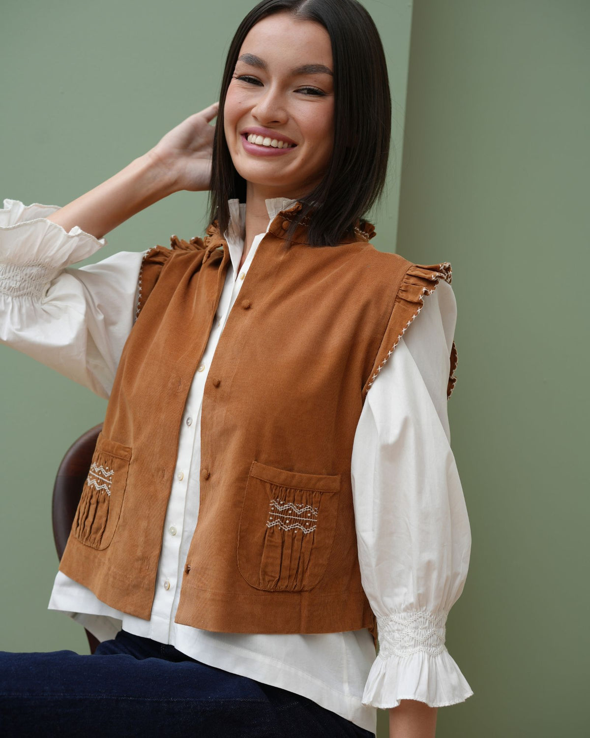 Shelley Blouse White Cotton with Ivory Hand Smocking