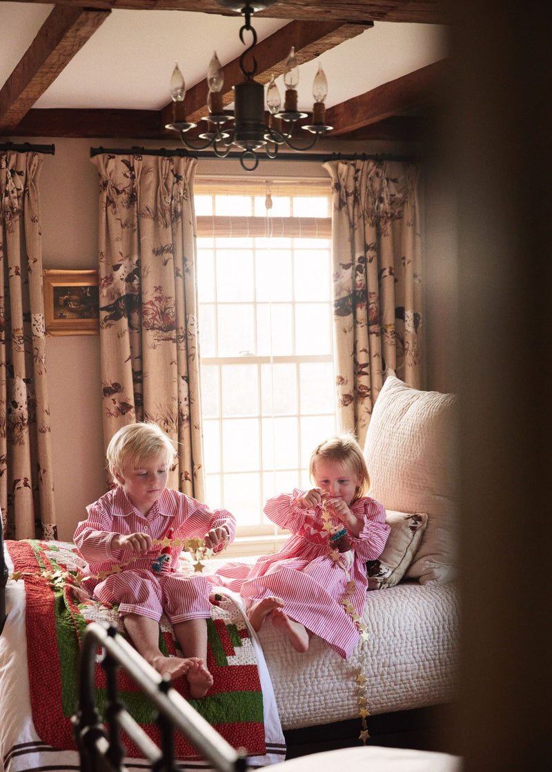 1-2 & 2-3y Samantha Varvel x Smock London Nightingale Girl's Dress Gingerbread Stripes with Snow Heart Hand Smocking