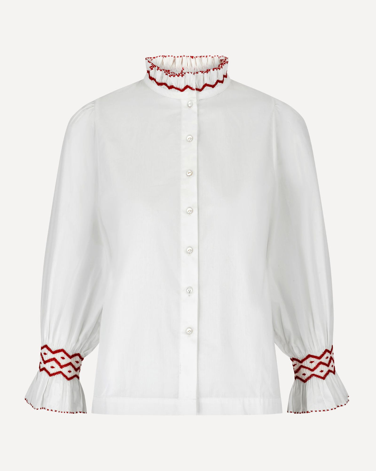 Shelley Blouse White Cotton with Pillar Box Red Hand Smocking