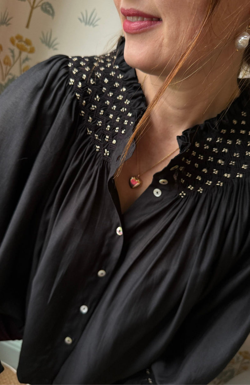 Cleopatra Blouse Obsidian Silk Cotton with All That Glitters Hand Smocking Edition 31