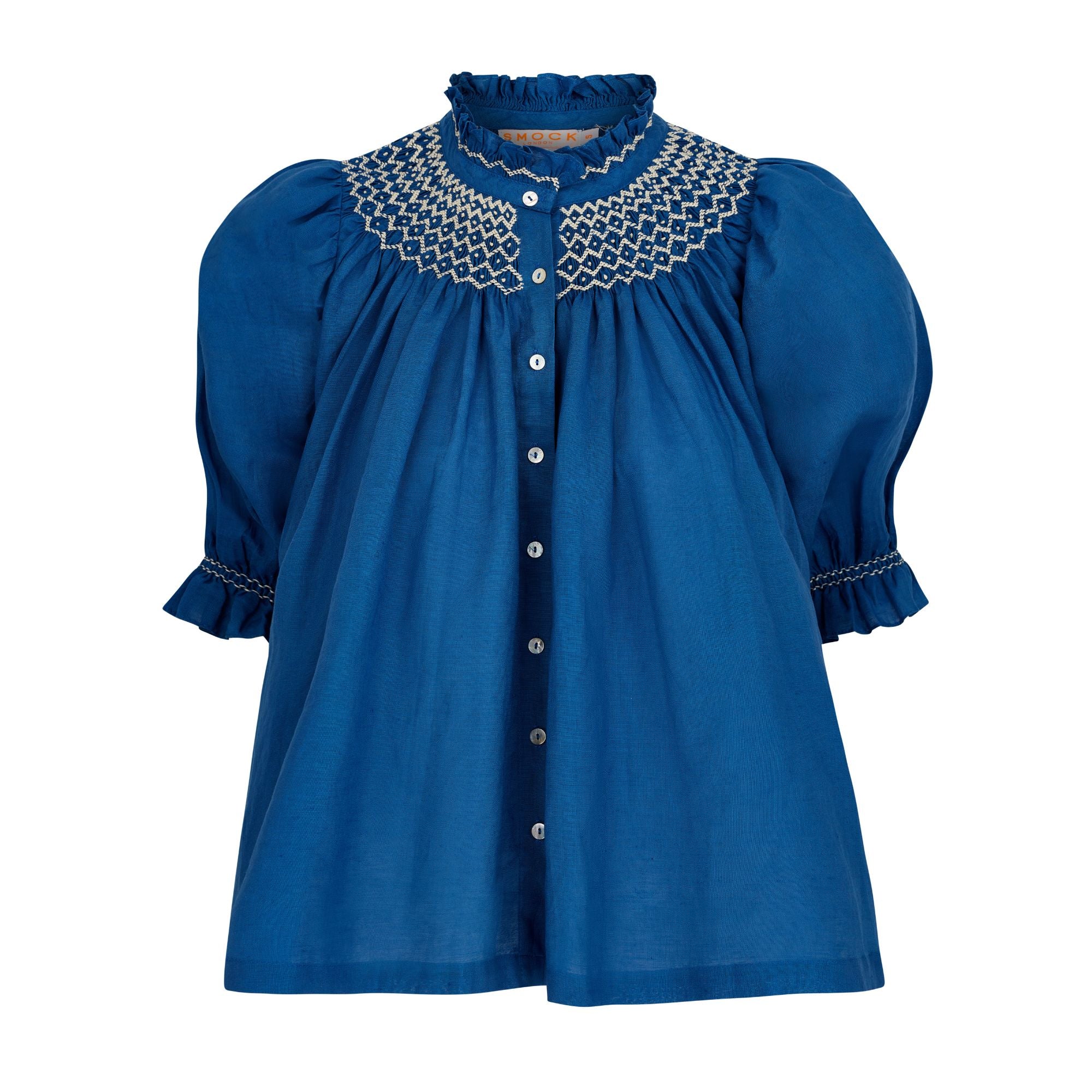 Scholl Blouse Cobalt Linen with Vanilla Hand Smocking Edition 54