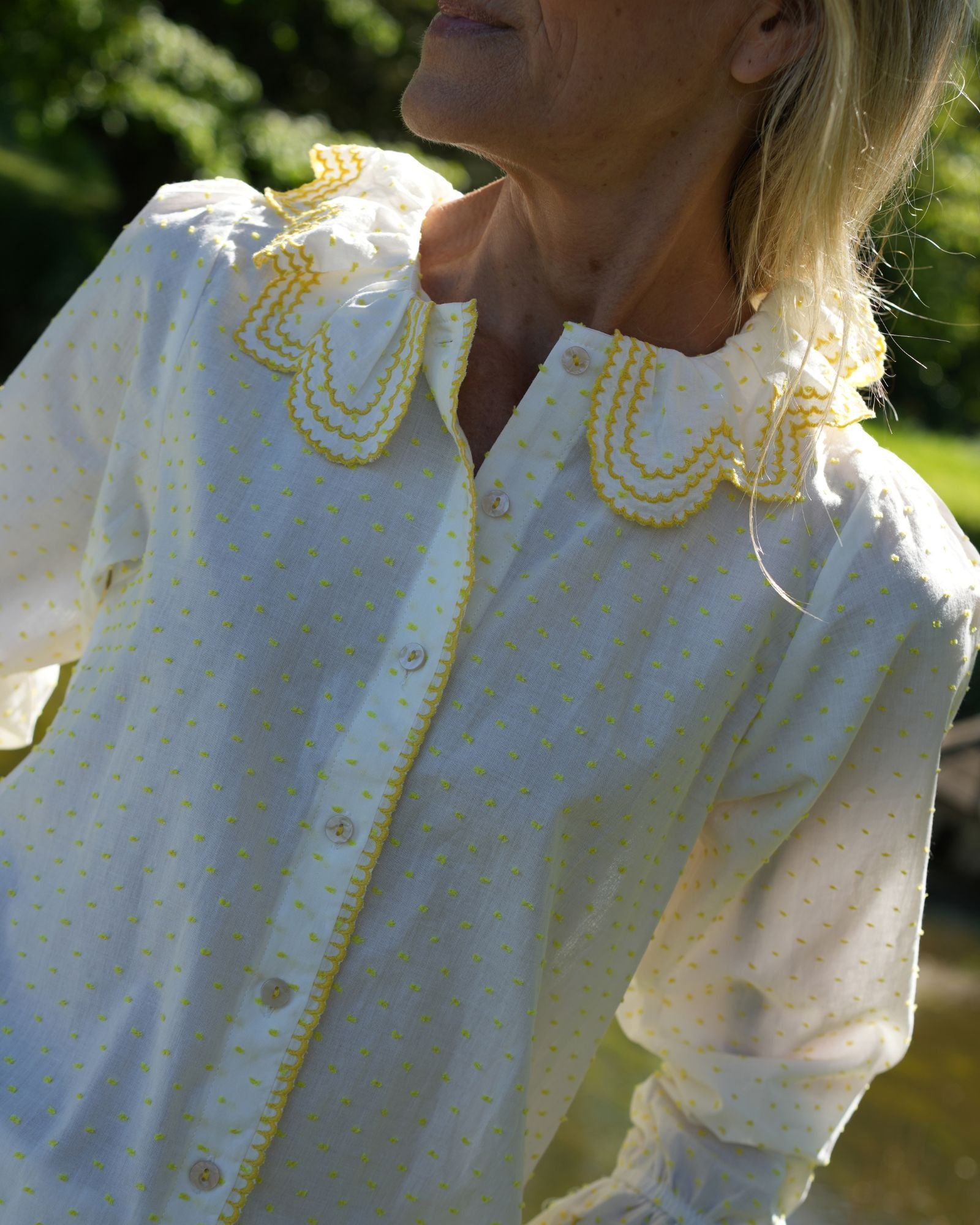 Bronte Blouse Primrose Plumetti with Daffodil Embroidery