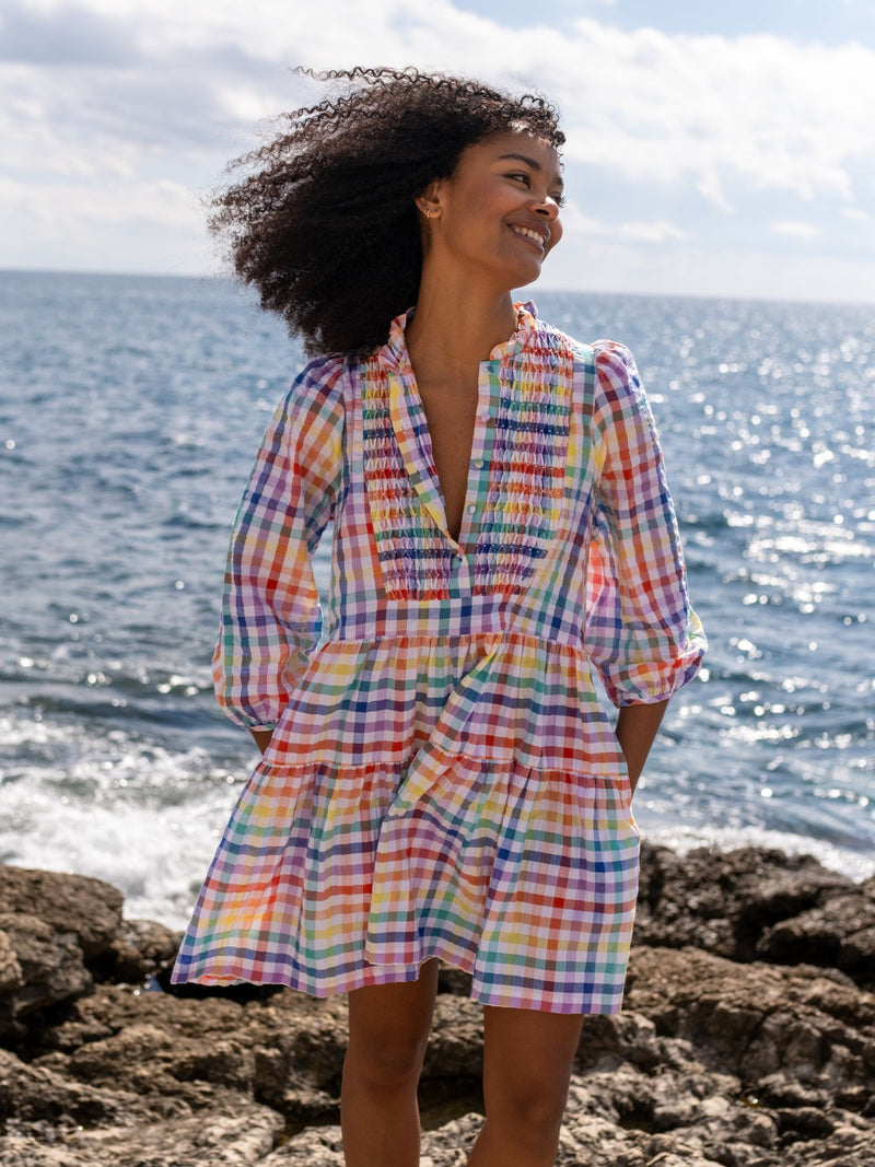Billie Holiday Short Dress Rainbow Gingham with Prism Hand Smocking