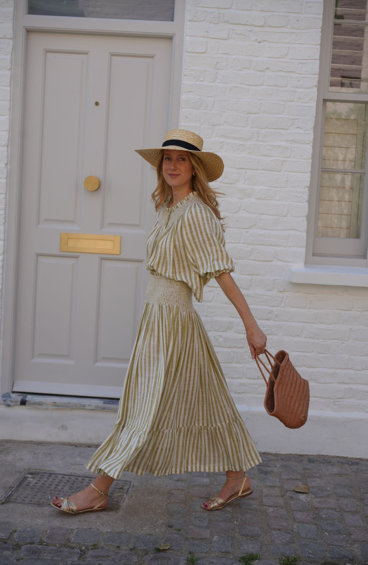 Domenica Marland x Smock London Sullivan Skirt Pistachio Stripes with Ecru Hand Smocking