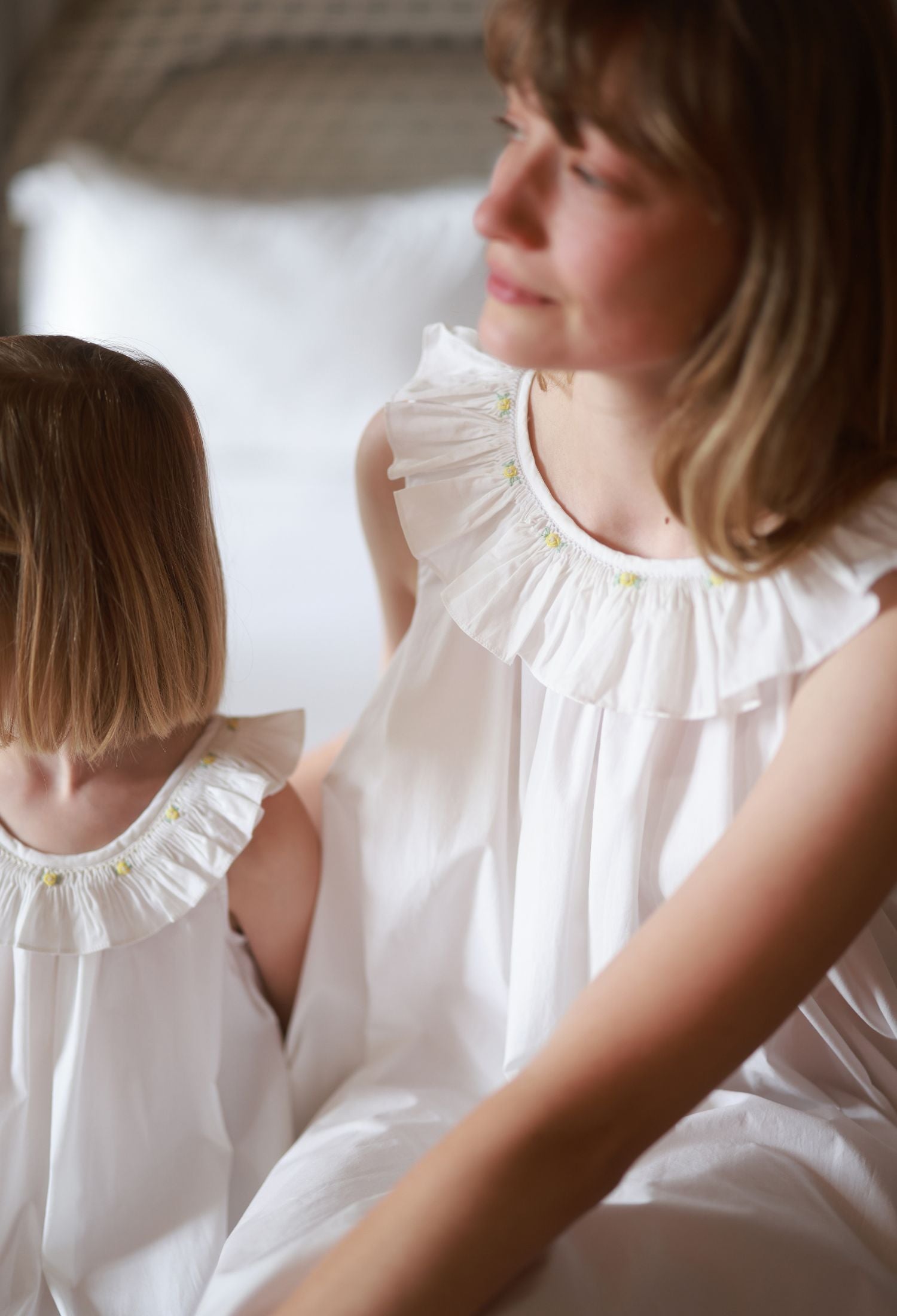 Memo Press x Smock London Women's Alice Dress Moonstone with Yellow Rose Hand Smocking