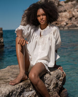 Cleopatra Blouse White with Cornflower Hand Smocking