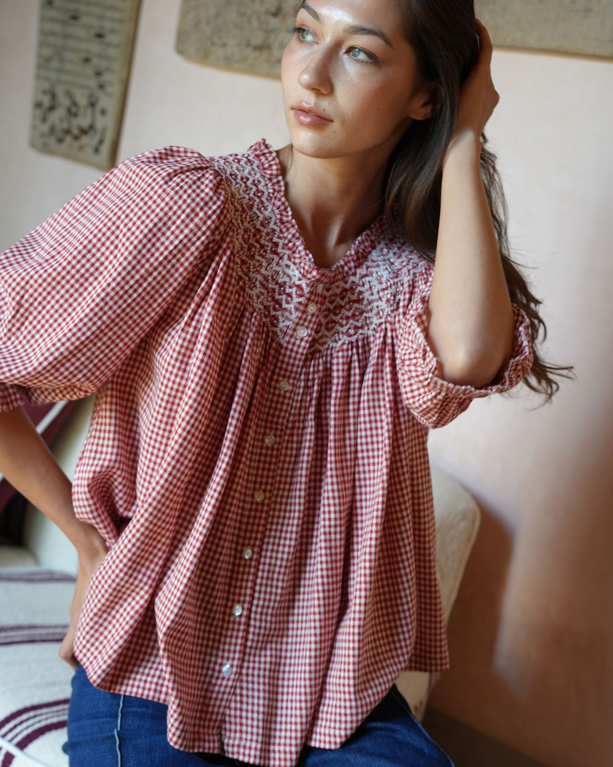 Cleopatra Blouse Red Apple Vichy with Cream Hand Smocking Edition 48