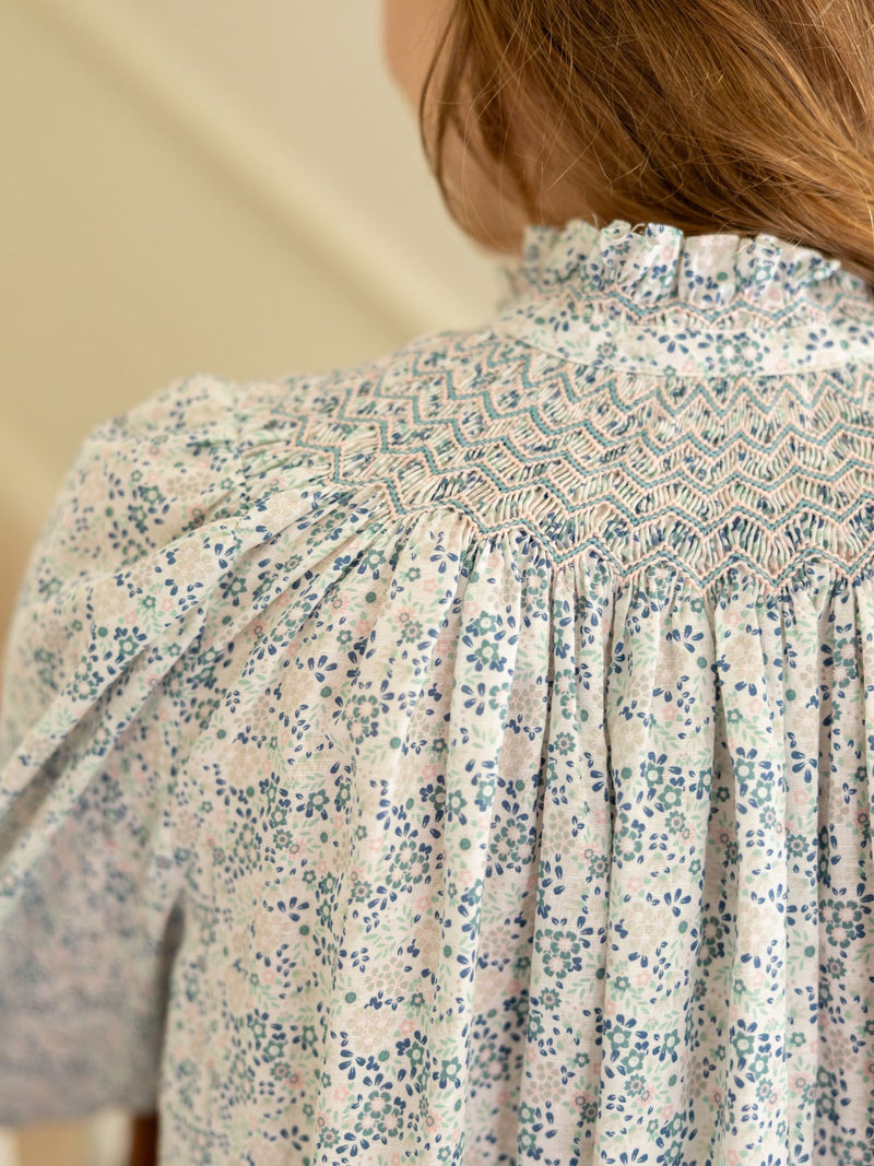 Scholl Blouse Flower Field Linen with Aqua Kiss Hand Smocking Edition 48