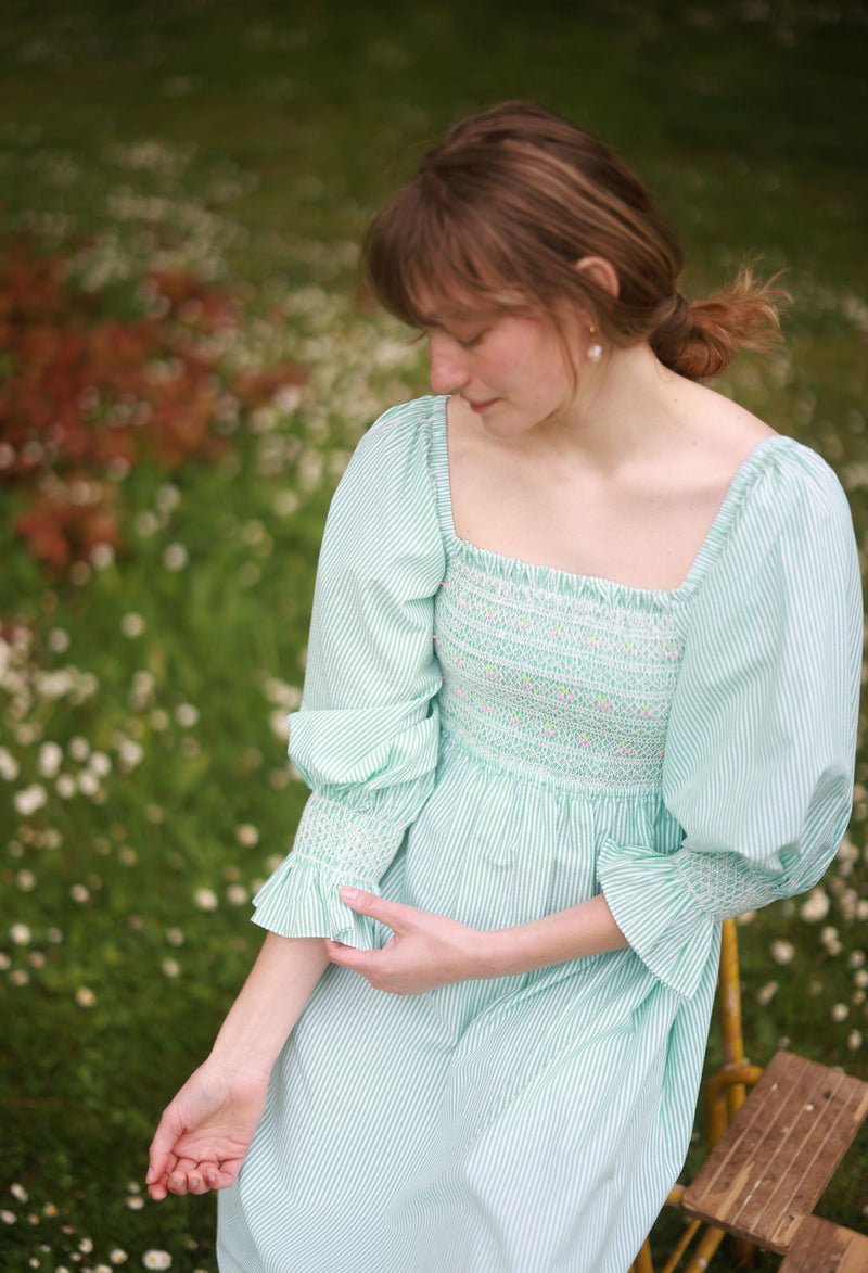 Josefine Butler Dress Kelly Green Seersucker with Cherry Pop Hand Smocking