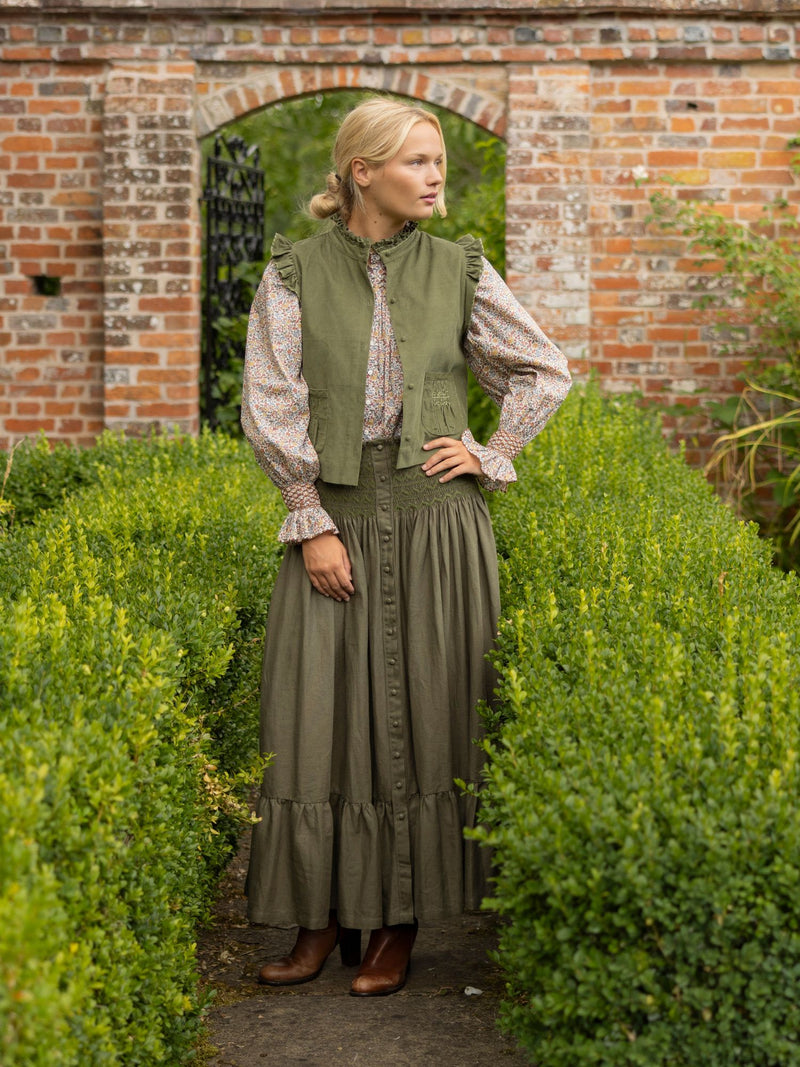 C J Walker Waistcoat Moss Needlecord with Through the Branches Hand Smocking Edition 3
