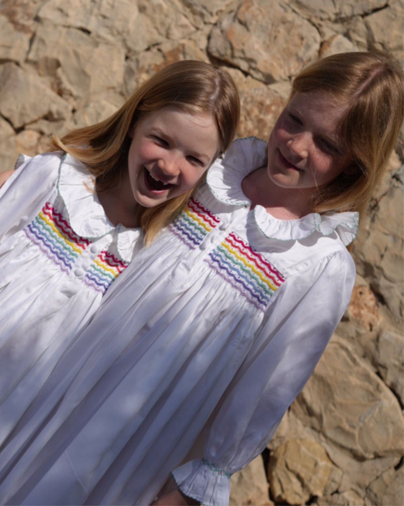 Nightingale Girl's Dress Moonstone Cotton with Rainbow Hand Smocking