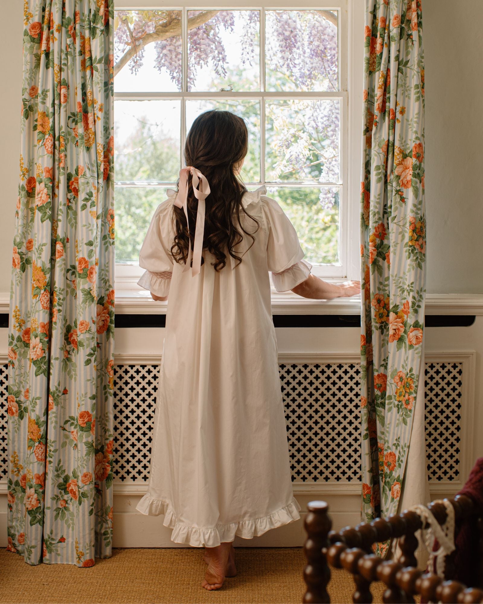 My Mulberry House x Smock London Beth Night Gown White Cotton with Dusty Pink Rose Lattice Hand Smocking