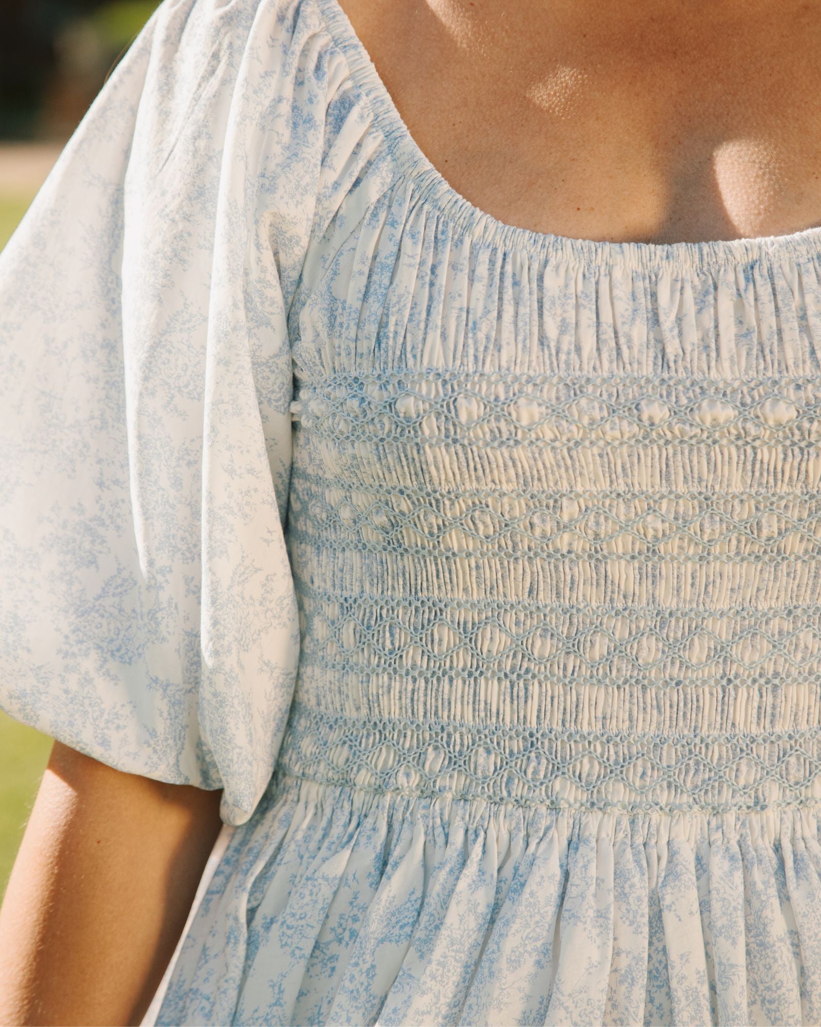 My Mulberry House x Smock London Scarlett Dress Toile des Champs with Delphinium Hand Smocking