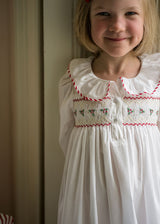 2-3y Samantha Varvel x Smock London Nightingale Girls Dress Moonstone White with Candy Cane Trim and Holly Hand Smocking