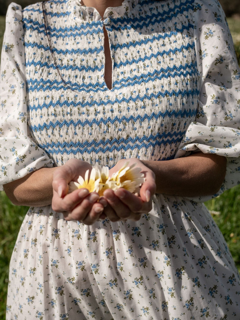 Emmeline Pankhurst Dress Brunnera Blooms with Forget Me Not Hand Smocking