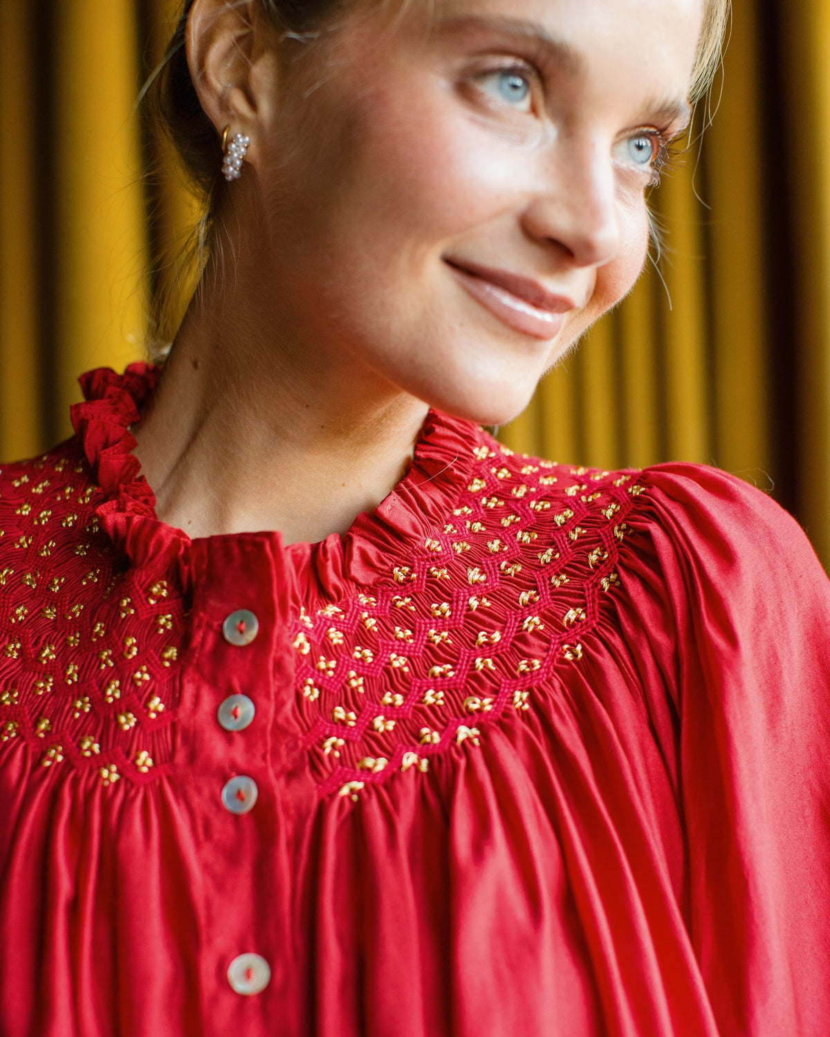 Cleopatra Blouse Red Silk Cotton with Sleigh Bell Hand Smocking Edition 35