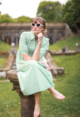 Victoria Woodhull Dress Green Goddess Stripe with Chantilly Hand Smocking