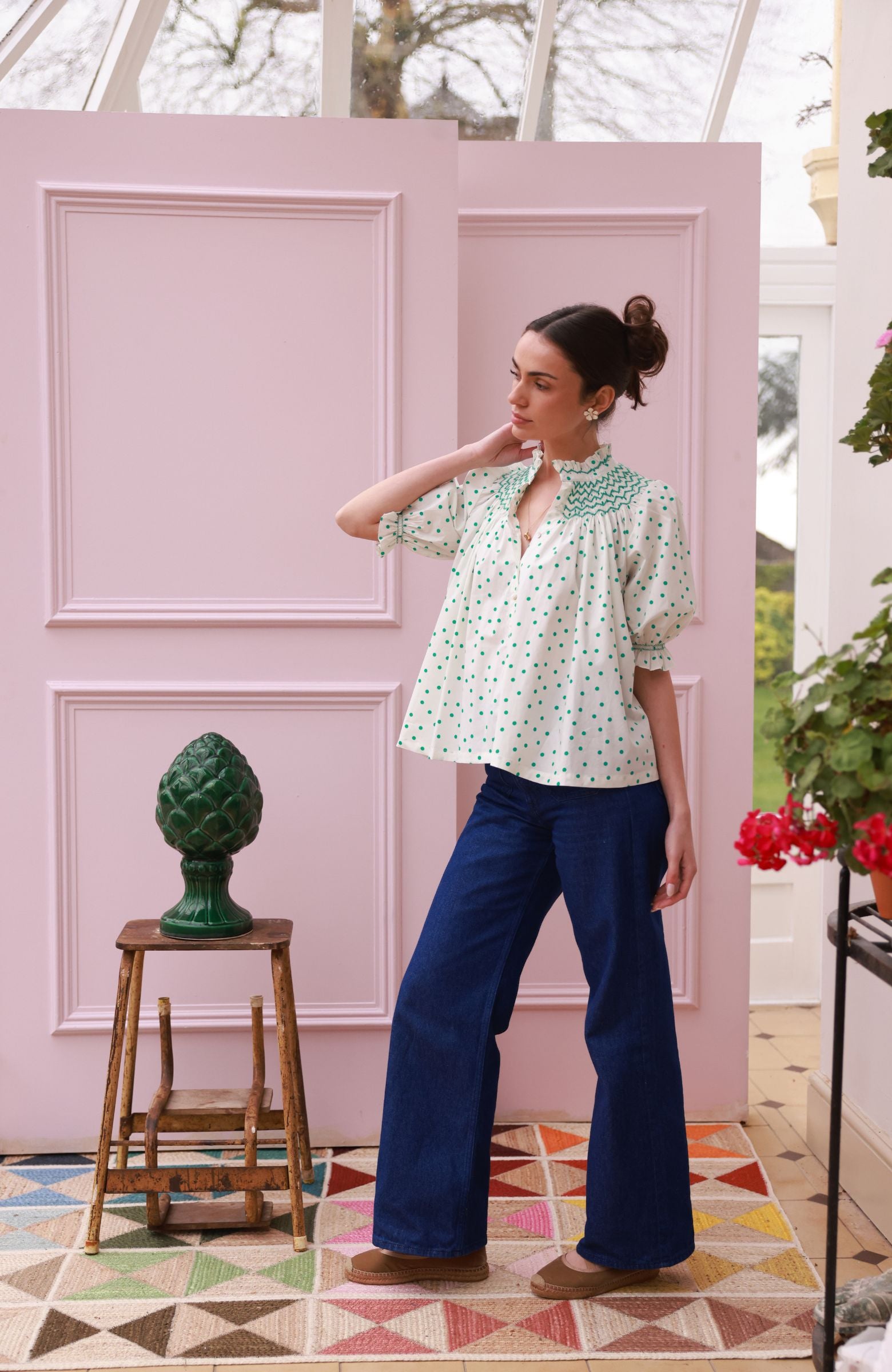 Scholl Blouse Frog Polka cotton with Jade Hand Smocking Edition 59
