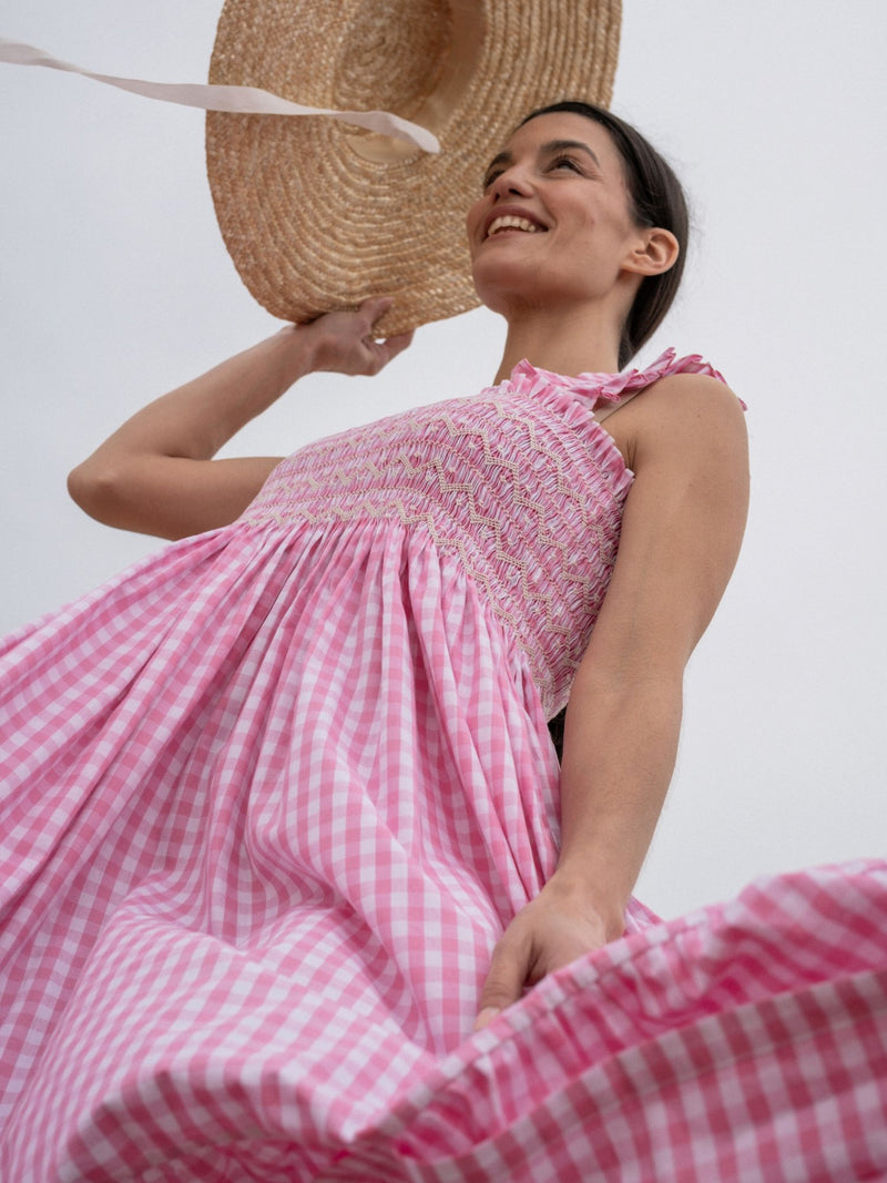 Rachel Carson Dress Tulip Gingham with Snow White Hand Smocking