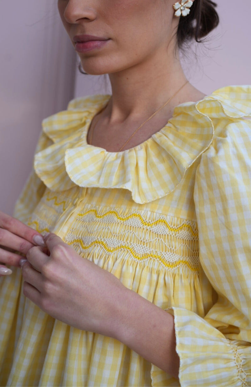 Nightingale Women's Dress Primrose Gingham with Daffodil Hand Smocking
