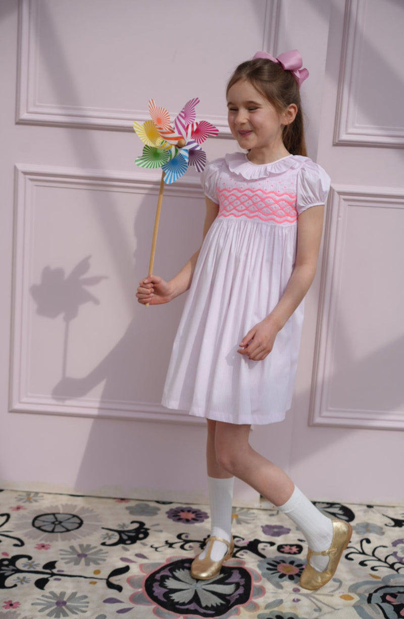 Katherine Johnson Dress Pink Grid Cotton with Strawberrylicious Hand Smocking