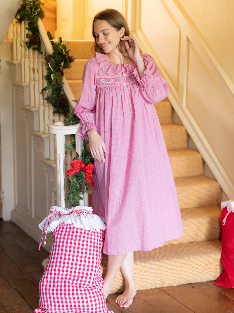 Nightingale Women's Dress Red Vichy with Snow Bow Hand Smocking