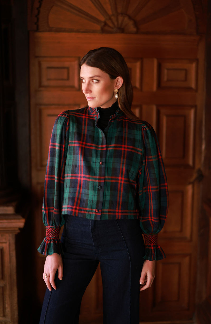 Bobbi Gibbs Jacket Red Stripe Tartan with Christmas Tree Hand Smocking