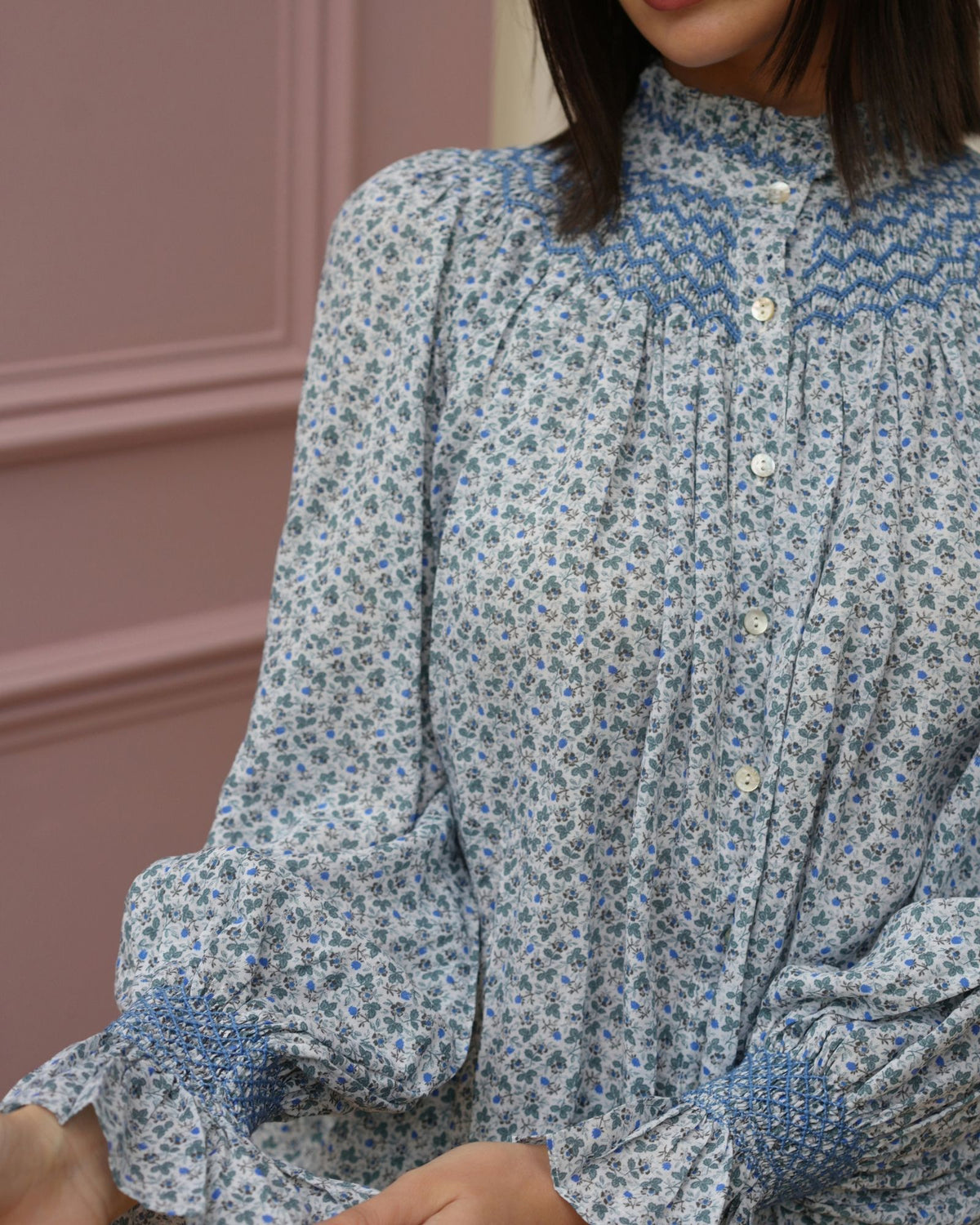 Scholl Blouse Cornflower Meadow Cotton Lawn with Periwinkle Hand Smocking Edition 78
