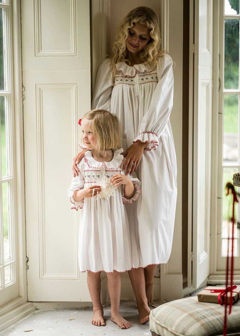 2-3y Samantha Varvel x Smock London Nightingale Girls Dress Moonstone White with Candy Cane Trim and Holly Hand Smocking