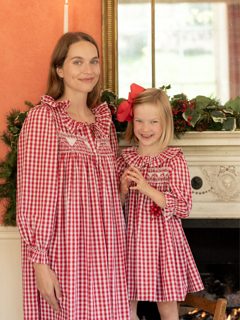 Nightingale Girl's Dress Cranberry Gingham with Snow White Hand Smocking