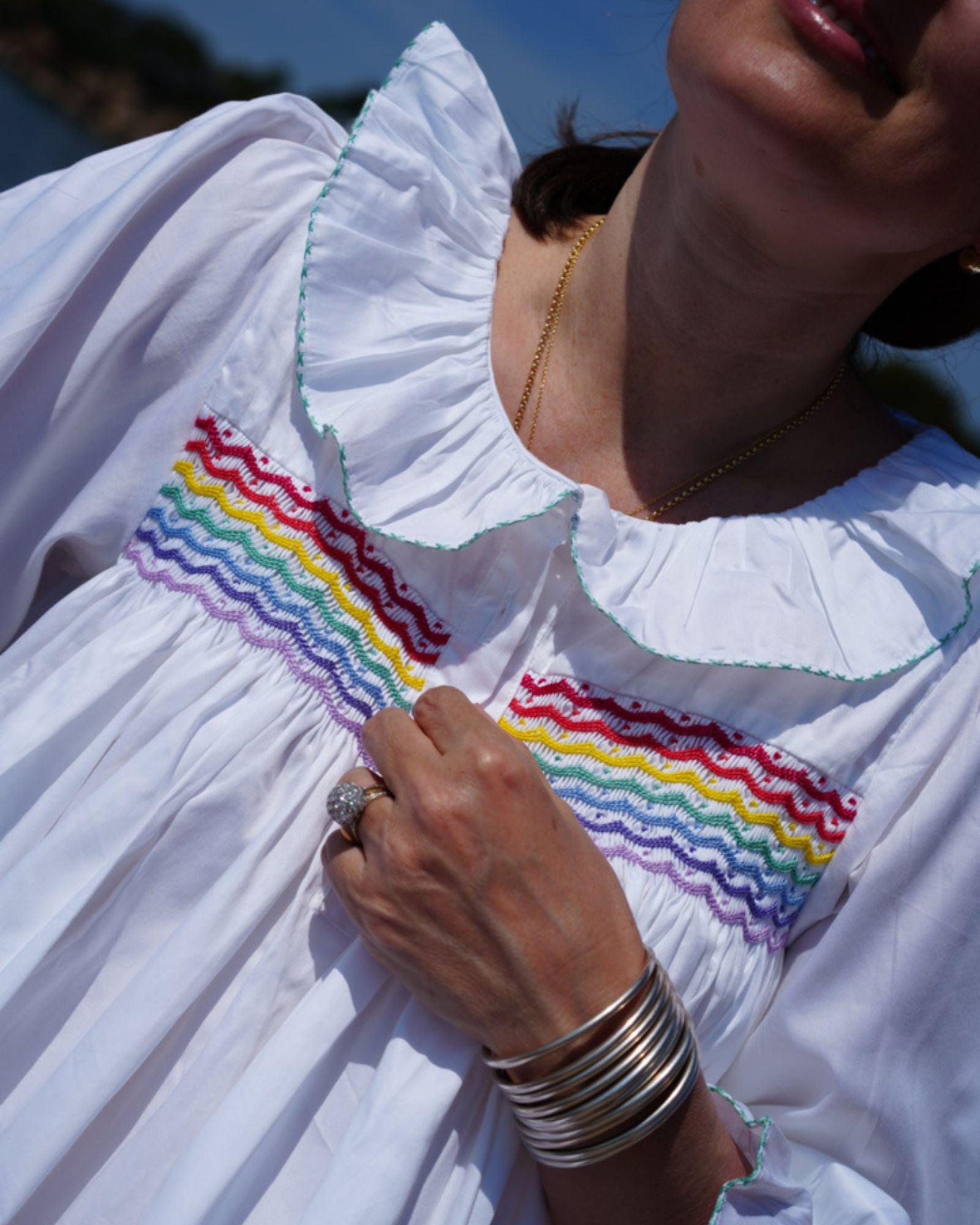 Nightingale Women's Dress Moonstone with Rainbow Hand Smocking