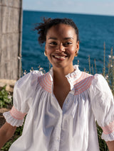 Scholl Women's Summer Blouse White with Coral Hand Smocking