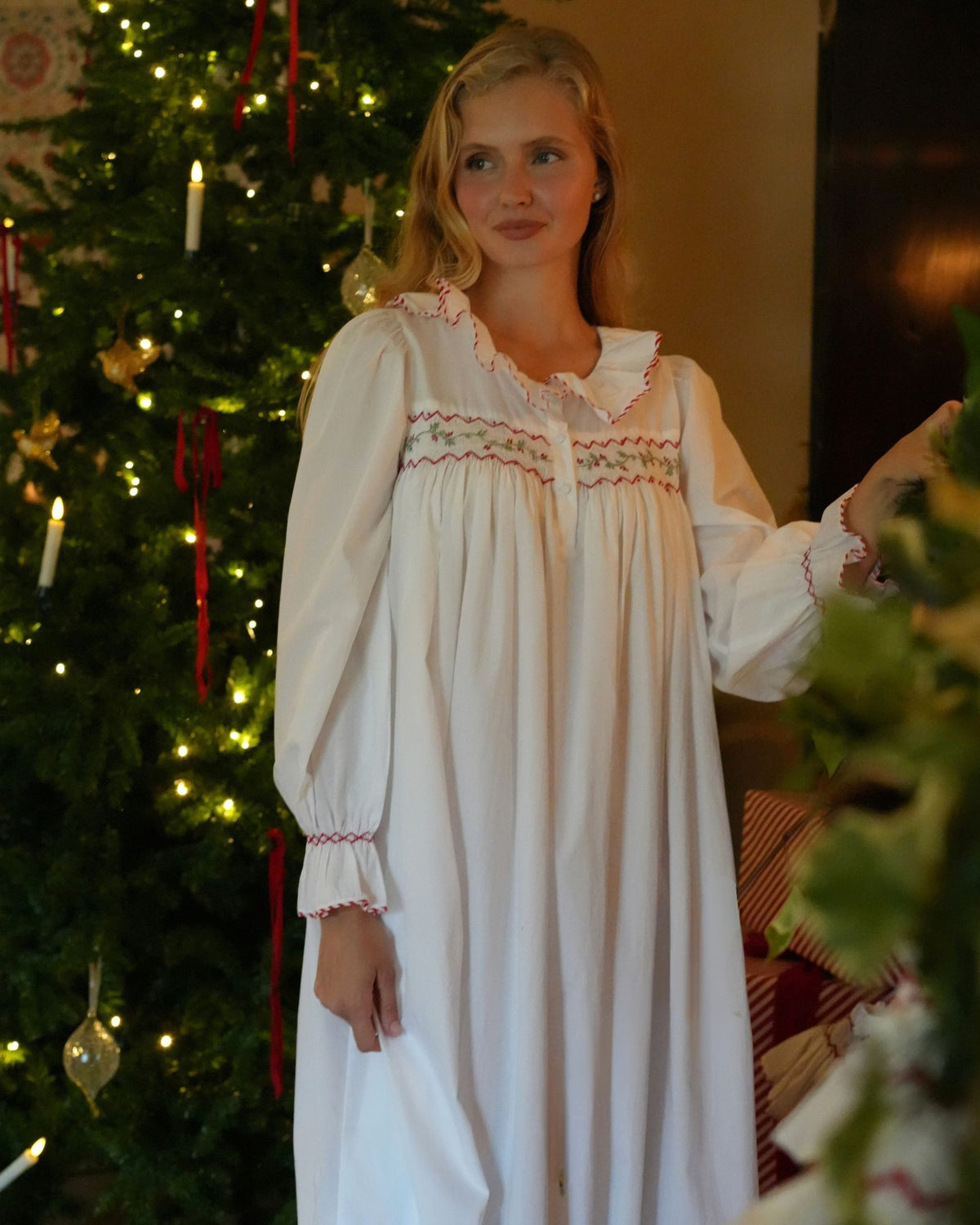 Nightingale Women's Dress with Candy Cane Piping and Christmas Garland Hand Smocking