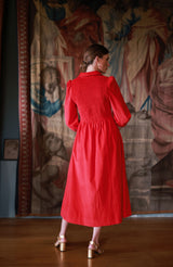 Victoria Woodhull Women's Dress Crimson Needlecord with Gold Coin Hand Smocking