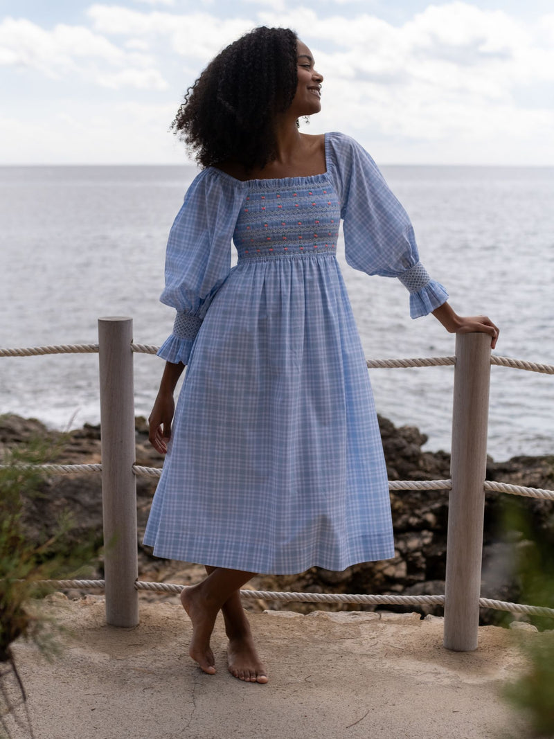 Josefine Butler Dress Seaside Check with Cherries Hand  Smocking