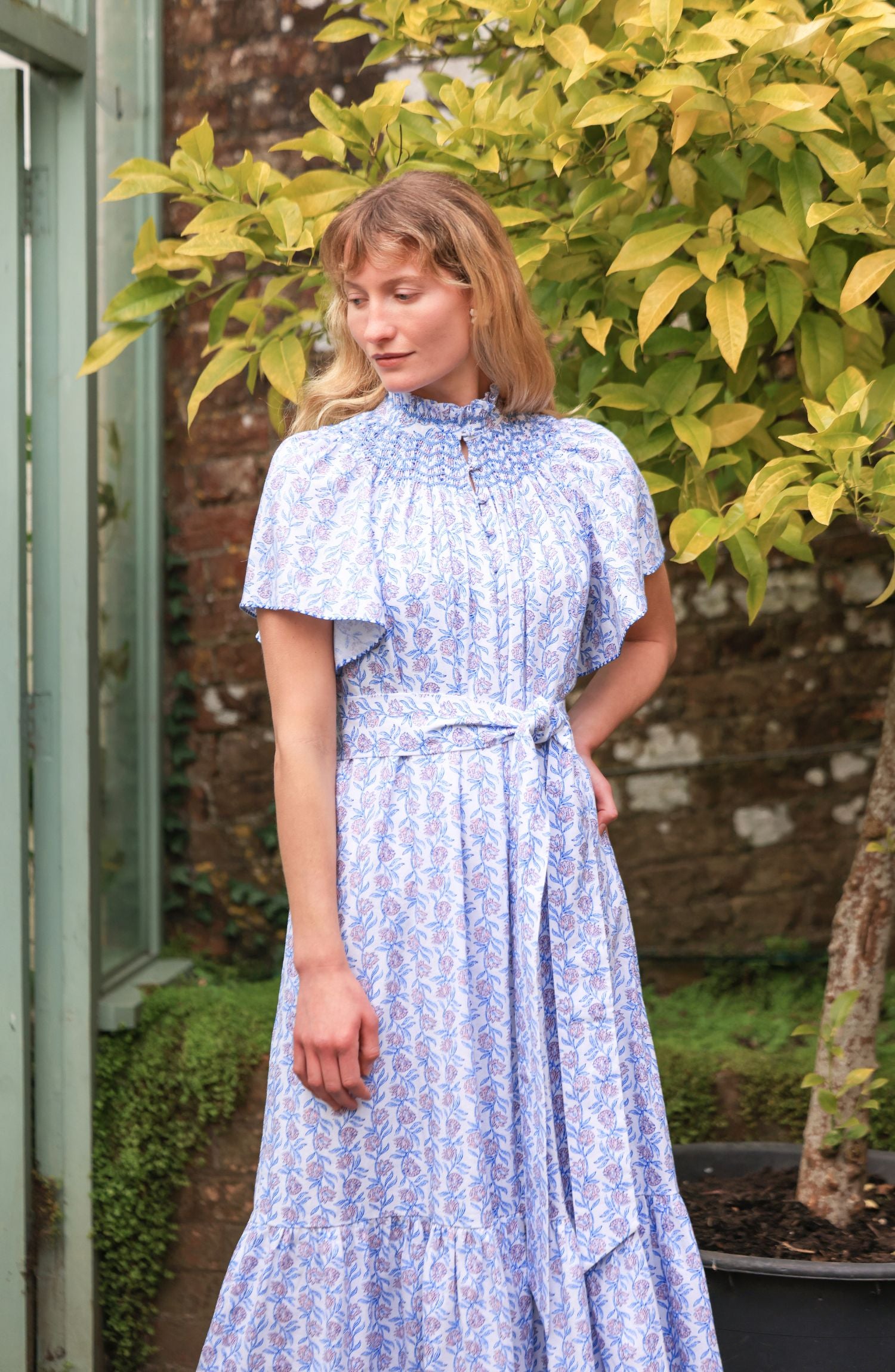 Colette Dress Passionflower Trellis with Delphinium Blue Hand Smocking