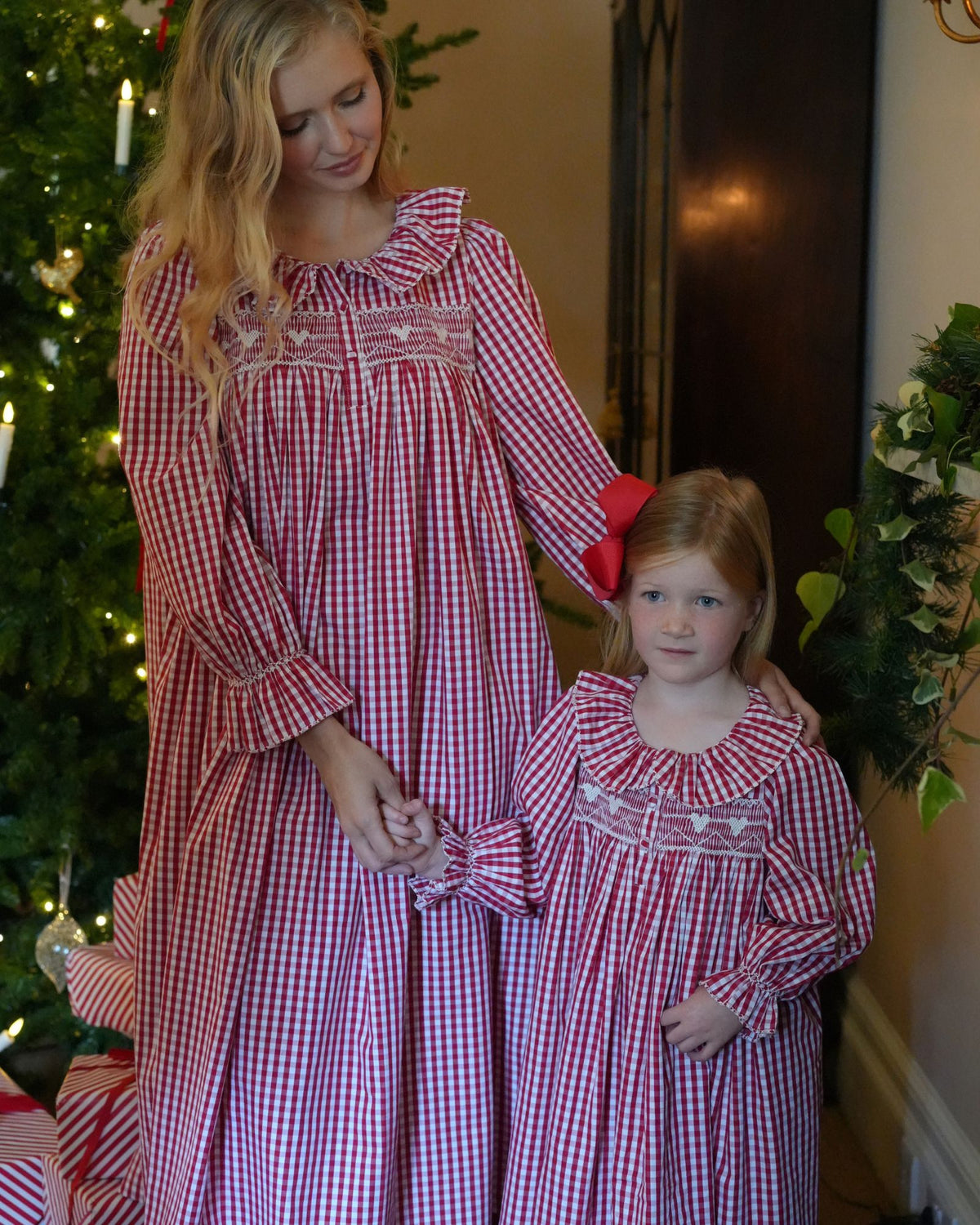 Nightingale Girl's Dress Crimson Gingham with Snow Angel Hand Smocking