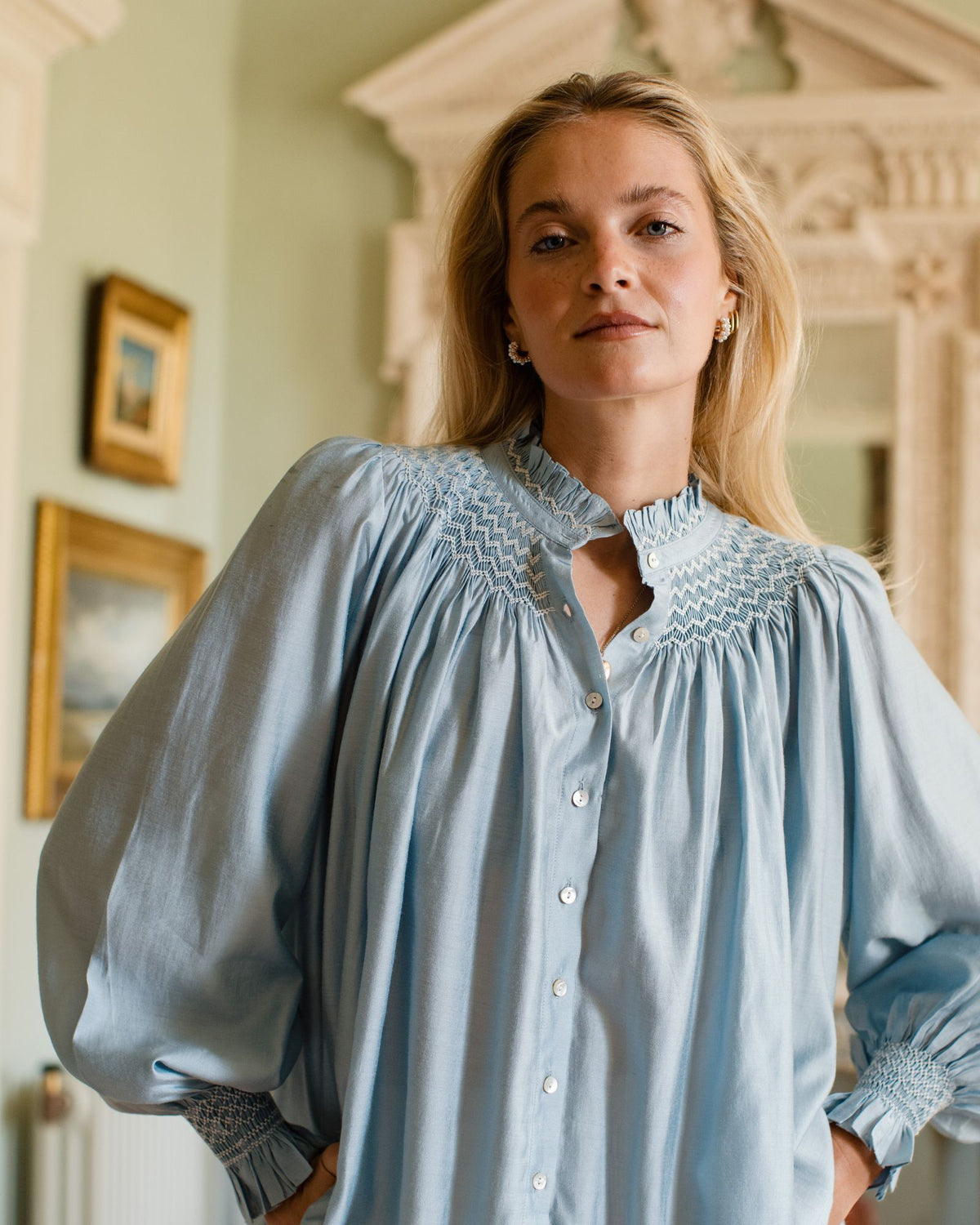 Scholl Blouse Celeste Silk Cotton with Opalite Hand Smocking Edition 70