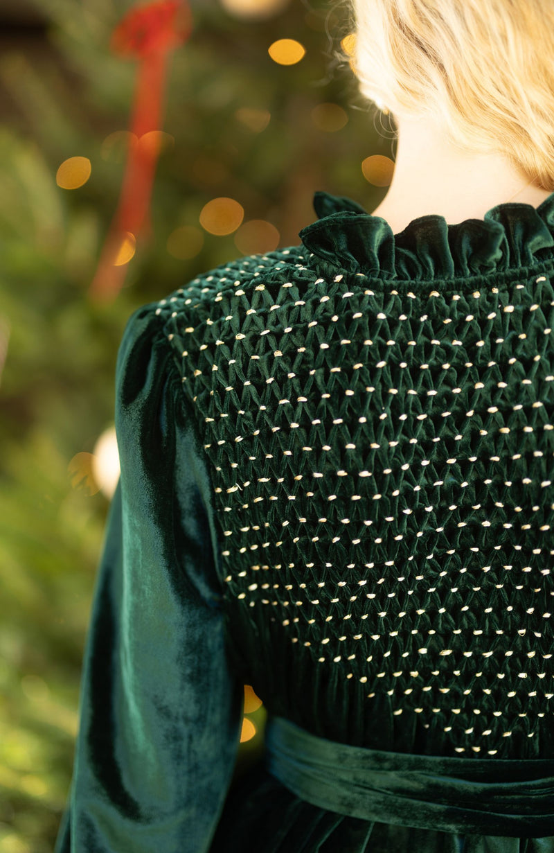 Wu Zetian Women's Dress The Holly and the Ivy Silk Velvet with Starlight Hand Smocking