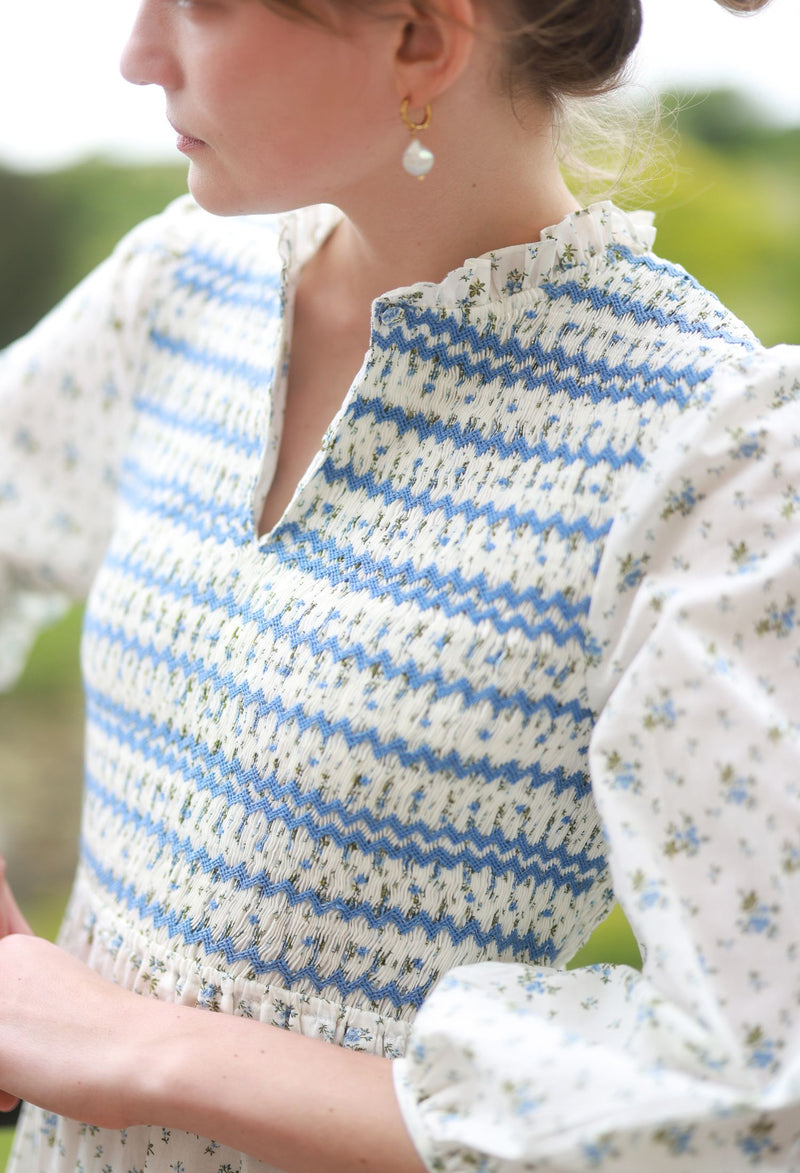 Emmeline Pankhurst Dress Brunnera Blooms with Forget Me Not Hand Smocking