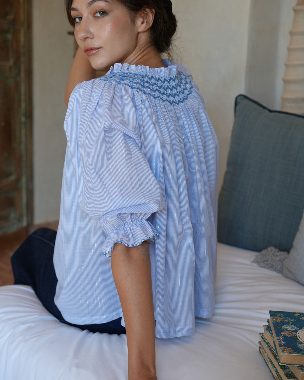 Cleopatra Blouse Silver Linings Stripe with Sapphire Hand Smocking Edition 52