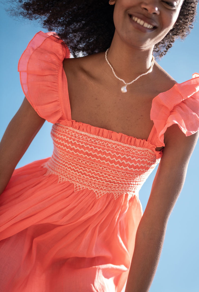 The Wallis Simpson Dress Coral Dreams Organdie with Chantilly Hand Smocking