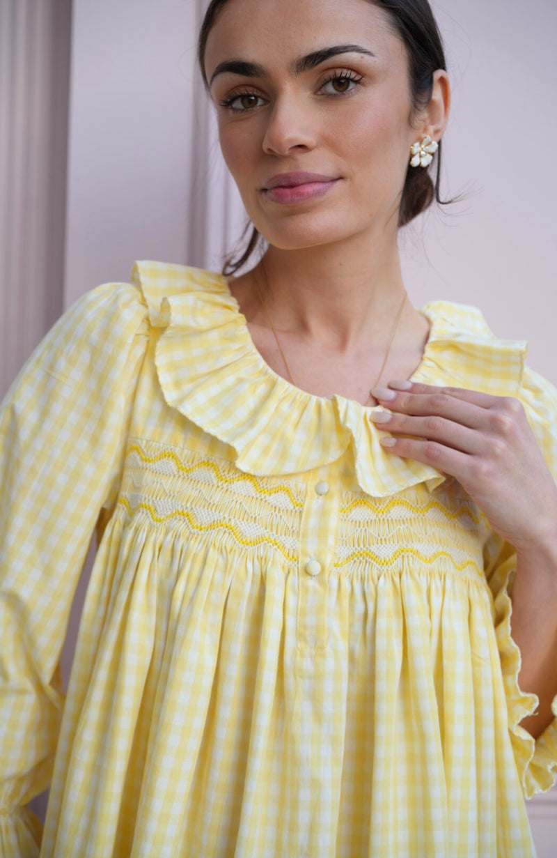 Nightingale Women's Dress Primrose Gingham with Daffodil Hand Smocking