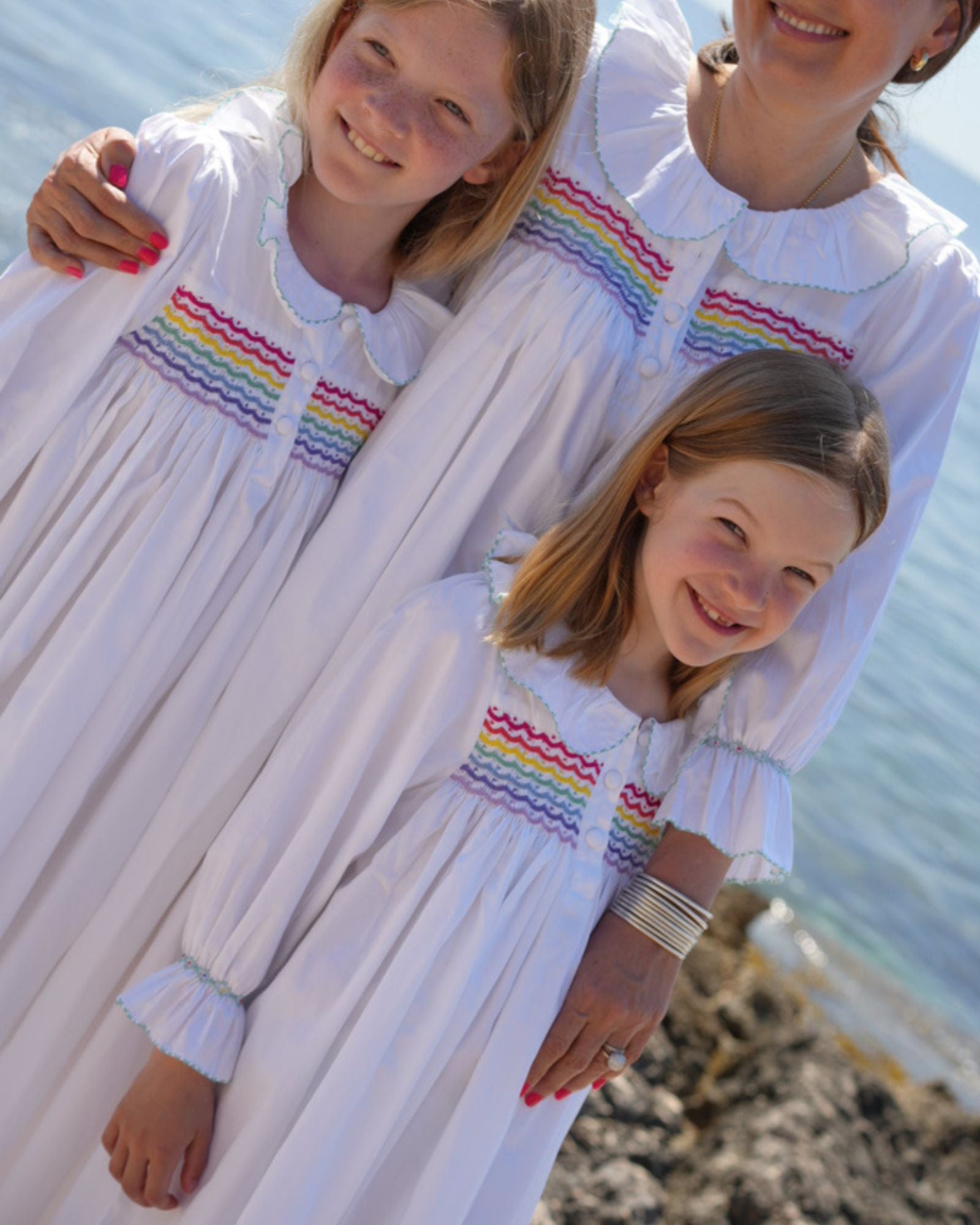 Nightingale Girl's Dress Moonstone Cotton with Rainbow Hand Smocking