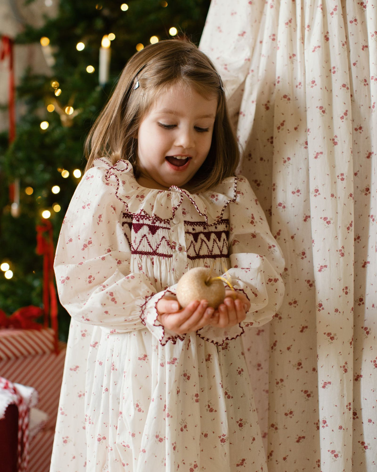 Nightingale Girl's Dress Yuletide Floral with Cranberry Hand Smocking