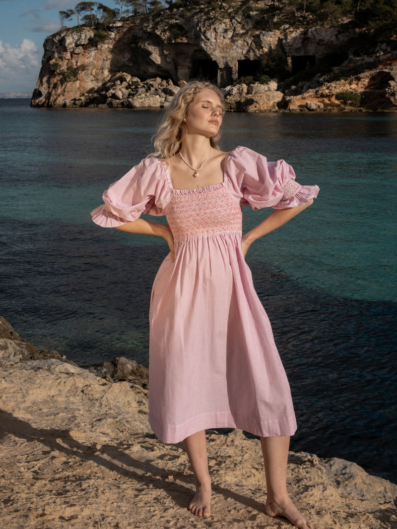 Josefine Butler Dress Raspberry Stripe Seersucker with Cool-Ade Hand Smocking