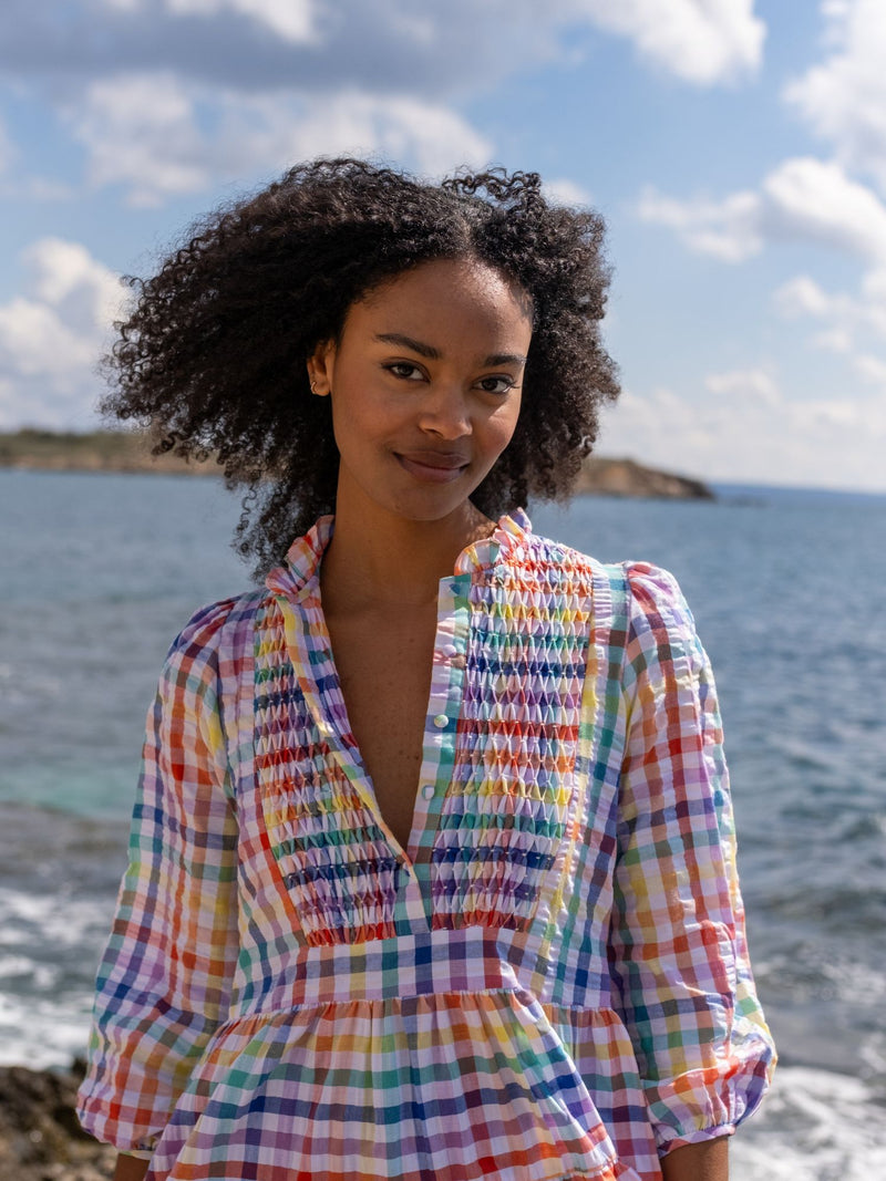 Billie Holiday Short Dress Rainbow Gingham with Prism Hand Smocking