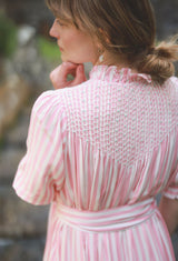 Wu Zetian Dress Pink Chevron Stripe with Peppermint Cream Hand Smocking