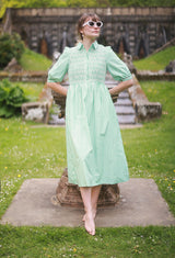 Victoria Woodhull Dress Green Goddess Stripe with Chantilly Hand Smocking